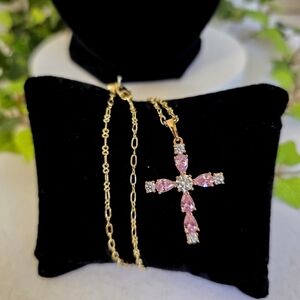 Gold Chain Necklace with Pink Crystal Cross Charm Pendant